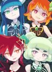  4girls bangs blue_hair blunt_bangs braid brown_eyes earrings gogatsumidori_wakaba green_eyes green_hair grin hime_cut horns jewelry kouenji_tsubame long_hair multiple_girls orange_hair prima_orange prima_shion purple_eyes red_hair sankenshoku_mizuki seizei_ganbare!_mahou_shoujo_kurumi shirt single_braid sleeveless sleeveless_shirt smile thick_eyebrows tsunoji twintails unshiuehime_mikan 