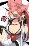  1girl artist_name baiken breasts cleavage collarbone commentary english_commentary eyepatch facial_mark forehead_mark guilty_gear guilty_gear_strive highres holding holding_sword holding_weapon japanese_clothes jellcaps katana large_breasts long_hair looking_at_viewer pink_hair simple_background sitting solo sword weapon white_background 