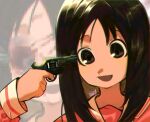  1girl artist_name azumanga_daioh bangs black_eyes black_hair blood censored commentary english_commentary gun handgun happy highres holding holding_gun holding_weapon kasuga_ayumu kineelaw long_hair long_sleeves mosaic_censoring open_mouth pink_shirt portrait revolver sailor_collar school_uniform serafuku shiny shiny_hair shirt sidelocks smile solo suicide twitter_username watermark weapon white_sailor_collar wide-eyed 