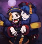 2girls bead_necklace beads blue_eyes blue_hair brown_eyes brown_hair chang_koehan china_dress chinese_clothes dress genderswap genderswap_(mtf) halloween halloween_costume happy_halloween hat jewelry jiangshi jiangshi_costume leona_heidern long_hair mateus_upd multiple_girls necklace ofuda outstretched_arms pretty_chang qing_guanmao sleeves_past_fingers sleeves_past_wrists snk talisman the_king_of_fighters the_king_of_fighters_all-stars zombie_pose 