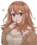  1girl :o armpit_crease blush breasts brown_cardigan brown_hair brown_lips brown_nails brown_theme cable_knit camisole cardigan collarbone dot_nose eyelashes fingernails frilled_camisole frills grey_eyes hair_behind_ear hair_between_eyes hair_over_shoulder hair_ribbon hanasato_minori hand_to_own_mouth hand_up heart heart_background highres limited_palette lipstick looking_at_viewer ma_fang makeup medium_hair open_cardigan open_clothes parted_lips project_sekai ribbon shiny shiny_skin simple_background sleeves_past_wrists small_breasts solo spaghetti_strap teeth upper_body upper_teeth white_background white_camisole white_ribbon 
