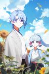  1boy 1girl bangs blue_eyes blue_hair blue_sky blurry blurry_background blurry_foreground brother_and_sister closed_mouth cloud cloudy_sky commentary day depth_of_field field flower genshin_impact highres holding holding_flower japanese_clothes kamisato_ayaka kamisato_ayato long_hair mole mole_under_eye mole_under_mouth motion_blur outdoors petals ponytail siblings sidelocks sky smile sunflower symbol-only_commentary xiu_xxx_wu yellow_flower 