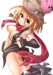  1girl :3 armor armored_boots assassin_cross_(ragnarok_online) bangs black_cape black_gloves blonde_hair blue_eyes blush boots brown_headwear cape commentary_request cowboy_hat elbow_gloves fingerless_gloves full_body gloves grin hair_between_eyes hat high_heel_boots high_heels highres kneehighs looking_at_viewer navel ooyama_kina pauldrons photoshop_(medium) poring ragnarok_online red_scarf revealing_clothes scarf short_hair shoulder_armor simple_background slime_(creature) smile socks solo waist_cape white_background 