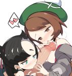  1boy 2girls asymmetrical_bangs bangs black_hair blue_eyes blush breasts brown_eyes brown_hair erection fellatio ffm_threesome gloria_(pokemon) green_headwear group_sex hat heart hetero jellcaps licking licking_penis long_sleeves marnie_(pokemon) medium_breasts multiple_girls open_mouth oral penis pokemon pokemon_(game) pokemon_swsh short_hair simple_background spoken_heart tam_o&#039;_shanter threesome tongue tongue_out uncensored white_background 