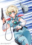  1girl akai_koudan_zillion alternate_costume aqua_bodysuit bangs baseball_cap blue_background blue_eyes blue_headwear bracer breasts cleavage cleavage_cutout closed_mouth clothing_cutout commentary_request energy_gun frown girls_und_panzer grey_hair gun hat headset headwear_removed highres holding holding_gun holding_weapon holster inoue_yoshihisa knee_pads looking_at_viewer medium_breasts partial_commentary science_fiction scouter short_hair short_sleeves shoulder_pads solo standing thigh_holster weapon youko_(girls_und_panzer) 