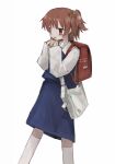  1girl absurdres backpack bag bangs blue_dress brown_hair dress hairo_(r228n) hands_up highres holding hoshino_hinata long_sleeves open_mouth red_bag red_eyes shirt short_hair simple_background socks solo standing watashi_ni_tenshi_ga_maiorita! white_background white_bag white_shirt white_socks 