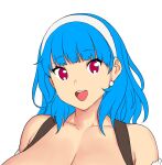 1girl among_us_eyes_(meme) blue_hair breasts cleavage collarbone earrings erkaz hairband highres jewelry long_hair looking_at_viewer meme open_mouth original portrait red_eyes rina_atherina shadow simple_background smile solo white_background 