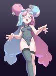  1girl blue_hair bow-shaped_hair cameltoe character_hair_ornament formerly hair_ornament hexagon_print iono_(pokemon) leotard long_hair low-tied_long_hair multicolored_hair open_mouth pantyhose pink_hair pokemon pokemon_(game) pokemon_sv sharp_teeth solo teeth very_long_hair x 