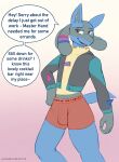  2022 alternate_version_at_source anthro biped black_body black_fur blue_body blue_fur boxers_(clothing) bulge clothing dabelette dialogue ear_piercing english_text flamboyant front_view fur generation_4_pokemon gradient_background hand_on_hip hi_res looking_at_viewer lucario male multi_tone_fur nintendo open_mouth piercing pokemon pokemon_(species) red_eyes simple_background solo speech_bubble standing talking_to_viewer text topwear underwear video_games yellow_body yellow_fur 