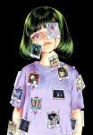  1girl bangs black_background black_hair blood blunt_bangs cogum3li english_commentary highres horror_(theme) looking_at_viewer original photo_(object) purple_shirt red_eyes shirt short_hair short_sleeves simple_background solo 