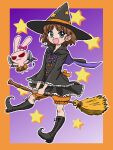  1girl :d bangs black_cape black_footwear black_headwear black_shirt black_skirt bloomers blouse blue_eyes boots border broom broom_riding brown_hair cape commentary cross-laced_footwear floating girls_und_panzer halloween hat jack-o&#039;-lantern_print knife lace-up_boots looking_at_viewer miniskirt open_mouth orange_bloomers orange_border outline pointy_footwear rabbit sakaguchi_karina shirt short_hair skirt smile solo star_(symbol) star_print starry_background takahashi_kurage underwear white_outline witch_hat 