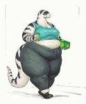 2020 anthro beverage_can box california_kingsnake can cettus clothing container crop_top exposed_belly female footwear hi_res holding_can holding_container holding_object maeve_gibson obese obese_anthro obese_female overweight overweight_anthro overweight_female reptile scalie shirt shoes simple_background snake solo striped_body stripes sweatpants tank_top thick_thighs topwear walking white_background white_body white_skin 