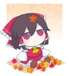  1girl ascot autumn_leaves bangs black_hair bow brown_footwear chibi closed_mouth detached_sleeves dress expressionless frilled_bow frilled_dress frilled_hair_tubes frilled_skirt frills full_body fumo_(doll) gradient gradient_background hair_between_eyes hair_bow hair_tubes hakurei_reimu highres jitome leaf leaf_background leaf_on_head medium_hair red_dress red_eyes rei_(tonbo0430) ribbon-trimmed_sleeves ribbon_trim shirt sitting skirt sleeveless sleeveless_shirt sleeves_past_wrists solo touhou yellow_ascot 