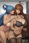  2girls :o aqua_(konosuba) black_bra black_skirt black_thighhighs blue_eyes blue_hair blush bra breast_press breasts brown_eyes brown_hair cleavage dropping from_behind hair_ornament hair_over_one_eye huge_breasts indoors kono_subarashii_sekai_ni_shukufuku_wo! leaning_forward lips meekohopanes multiple_girls naughty_face navel one_eye_covered seductive_smile skirt smile surprised sweater thick_lips thick_thighs thighhighs thighs tongue tongue_out underwear white_bra wiz_(konosuba) 