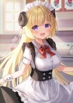 1girl :d absurdres ahoge alternate_costume apron bangs blonde_hair blurry blurry_background blush bow bowtie breasts collared_shirt commentary curled_horns dress enmaided fuyoyo hair_ornament hairclip highres hololive horns indoors large_breasts long_hair looking_at_viewer maid maid_headdress open_mouth purple_eyes red_bow red_bowtie revision sheep_girl sheep_horns shirt short_sleeves sidelocks skirt_hold smile solo taut_clothes tsunomaki_watame underbust virtual_youtuber white_wrist_cuffs wing_collar wrist_cuffs 
