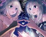  2girls :d aqua_eyes bare_shoulders black_choker black_gloves braid cevio choker collarbone elbow_gloves fingerless_gloves gloves gradient_hair grey_hair hair_between_eyes hair_flaps highres holding_hands ia_(vocaloid) long_hair microa multicolored_hair multiple_girls one_(cevio) orange_gloves orange_hair planet purple_eyes siblings single_elbow_glove single_fingerless_glove sisters smile star_(sky) teeth two-tone_gloves two-tone_hair upper_body upper_teeth vocaloid zipper_pull_tab 