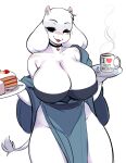  absurd_res anthro big_breasts bovid bovine breasts caprine cleavage clothed clothing eyelashes female food fur goat hi_res holding_food holding_object jewelry mammal mature_anthro mature_female necklace pinup pose robe simple_background skimpy solo toriel tsampikos undertale_(series) white_body white_fur 