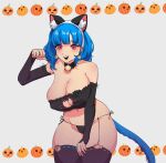  1girl arm_up bell black_sleeves black_thighhighs borrowed_character bra breasts cat_cutout cat_lingerie cat_tail cleavage cleavage_cutout clothing_cutout detached_sleeves earrings elradrien frilled_bra frills highres jack-o&#039;-lantern jewelry large_breasts looking_at_viewer meme_attire neck_bell open_mouth original red_eyes rina_atherina shadow skindentation smile tail thighhighs underwear 