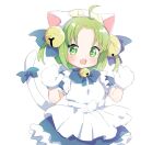  1girl :d animal_ears animal_hat apron bangs bell blue_bow blue_dress bow cat_ears cat_hat cat_tail commentary_request dejiko di_gi_charat done_(donezumi) dress fake_animal_ears fang forehead frilled_apron frilled_dress frills gloves green_eyes green_hair hair_bell hair_ornament hands_up hat highres jingle_bell looking_at_viewer multicolored_hair parted_bangs puffy_short_sleeves puffy_sleeves short_sleeves simple_background smile solo tail tail_bow tail_ornament tail_raised two-tone_hair white_apron white_background white_gloves white_headwear 