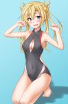 1girl abukuma_(kancolle) anti_(untea9) barefoot black_one-piece_swimsuit blonde_hair blue_background blush breasts cleavage_cutout clothing_cutout competition_swimsuit double_bun gradient gradient_background green_eyes hair_between_eyes hair_bun hair_rings highres kantai_collection kneeling long_hair looking_at_viewer one-piece_swimsuit open_mouth shadow small_breasts solo sweatdrop swimsuit turtleneck 