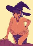  1girl absurdres bangs breasts cleavage cowboy_shot detached_sleeves earrings erkaz halloween halloween_costume hand_on_hip hat hat_belt highres huge_breasts jewelry limited_palette medium_hair necklace original pumpkin rina_atherina side_slit skirt solo unfinished witch_hat yellow_background 