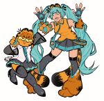  1boy 1girl absurdres adapted_costume animal_ears aqua_eyes aqua_hair aqua_necktie arms_up artist_name black_footwear boots cat_ears cat_tail collared_shirt detached_sleeves fingerless_gloves garfield garfield_(character) gloves hatsune_miku high_heel_boots high_heels highres long_hair necktie orange_shirt parted_lips pleated_skirt shirt simple_background skirt sleeveless sleeveless_shirt smile tail thigh_boots twintails very_long_hair vocaloid vulcan_moon white_background 