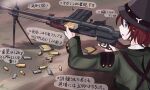  1girl absurdres blue_eyes brown_hair bullet green_jacket gun helmet highres holding holding_gun holding_weapon jacket light_machine_gun long_sleeves machine_gun military military_jacket military_uniform open_mouth original outdoors shell_casing shirasagi-shi short_hair solo trigger_discipline uniform weapon 