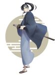  1boy alternate_costume black_clover black_hair blue_eyes blue_kimono highres holding holding_sword holding_weapon japanese_clothes katana kimono looking_at_viewer mon_na_ko nacht_faust ponytail sandals simple_background solo sword weapon white_background 