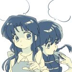  2girls apple-boy bow braid braided_ponytail breasts closed_mouth food fuurinkan_high_school_uniform hair_between_eyes multiple_girls open_mouth ranma-chan ranma_1/2 retro_artstyle school_uniform simple_background tendou_akane white_background 