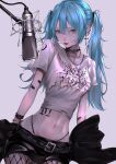  1girl absurdres bandaid belt blue_eyes blue_hair chain choker earrings fishnet_pantyhose fishnets grey_background hair_between_eyes hatsune_miku highres jewelry looking_at_viewer mano_aaa microphone navel necklace pantyhose parted_lips red_lips short_sleeves spiked_choker spikes tattoo twintails vocaloid 