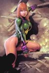  1girl bad_link bare_legs breasts caitlin_fairchild curvy dc_comics fingerless_gloves gen13 gloves green_eyes green_leotard large_breasts leotard long_hair red_hair solo toned 