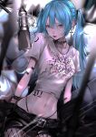  1girl absurdres bandaid belt blue_eyes blue_hair chain choker earrings fishnet_pantyhose fishnets hair_between_eyes hatsune_miku highres jewelry looking_at_viewer mano_aaa microphone navel necklace pantyhose parted_lips red_lips short_sleeves spiked_choker spikes tattoo twintails vocaloid 