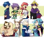  3girls 5boys bangs belt belt_buckle black_cape black_sweater blue_coat blue_shorts bodysuit bow brown_belt brown_hair brycen_(pokemon) buckle bugsy_(pokemon) buttons cape choker chuck_(pokemon) clair_(pokemon) closed_mouth coat commentary_request earrings facial_hair falkner_(pokemon) frown green_shirt green_shorts hair_bobbles hair_ornament hair_over_one_eye headband holding jacket jasmine_(pokemon) jewelry long_hair looking_up morty_(pokemon) motojima_hakka multiple_boys multiple_girls old old_man parted_lips pokemon pokemon_(game) pokemon_hgss ponytail purple_hair purple_headband purple_scarf ribbed_sweater scarf shirt short_hair shorts sweater topless_male two_side_up white_hair white_jacket white_scarf whitney_(pokemon) 