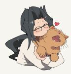  1boy ^_^ animal_hug annoyed aoki_(fumomo) black_hair blush_stickers closed_eyes cropped_torso daitokuji glasses heart highres kiss long_hair male_focus pharaoh_(cat) ponytail solo white_background yu-gi-oh! yu-gi-oh!_gx 