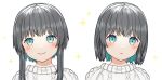  1girl aran_sweater bangs black_hair blue_eyes blue_hair blush closed_mouth commentary kurata_rine looking_at_viewer multicolored_hair multiple_views original portrait simple_background smile sparkle sweater symbol-only_commentary two-tone_hair white_background white_sweater 
