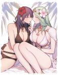  2girls bangs bikini black_bikini blush breasts byleth_(fire_emblem) byleth_(fire_emblem)_(female) byleth_(summer)_(fire_emblem)_(female) cape cleavage closed_mouth commentary_request eye_contact finger_to_another&#039;s_mouth fire_emblem fire_emblem:_three_houses fire_emblem_heroes flower green_eyes green_hair hair_between_eyes hair_flower hair_ornament head_wreath hibiscus highres ikarin index_finger_raised jewelry large_breasts long_hair looking_at_another multiple_girls necklace official_alternate_costume one-piece_swimsuit parted_lips pointy_ears purple_eyes purple_hair red_flower rhea_(fire_emblem) simple_background swimsuit white_bikini white_cape white_flower white_one-piece_swimsuit yuri 