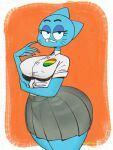  5_fingers anthro big_breasts big_butt blue_body blue_fur bottomwear breasts butt cartoon_network clothed clothing digital_media_(artwork) domestic_cat felid feline felis female fingers fur half-closed_eyes hi_res looking_at_viewer mammal mature_anthro mature_female narrowed_eyes nicole_watterson shirt simple_background skirt solo the_amazing_world_of_gumball thick_thighs topwear white_clothing white_shirt white_topwear wide_hips wolftang 