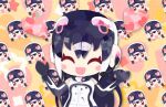  1girl african_penguin_(kemono_friends) animal_costume black_hair closed_eyes gloves headphones heart highres kemono_friends kemono_friends_v_project kikuchi_milo long_hair looking_at_viewer multicolored_hair open_mouth penguin_costume shirt skirt smile solo straight_hair virtual_youtuber 