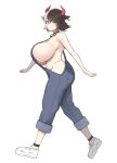  1girl animal_ears bare_shoulders bell breasts cow_ears cow_girl cow_horns cowbell diisuke from_side full_body horns huge_breasts looking_at_viewer naked_overalls overalls short_hair sideboob solo touhou ushizaki_urumi walking white_background 