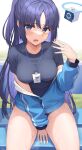  1girl absurdres bangs between_legs black_shirt blue_archive blue_jacket blush breasts cowboy_shot gym_uniform hand_between_legs highres jacket lanyard long_hair long_sleeves medium_breasts mutenka_(plfgb) open_clothes open_jacket open_mouth parted_bangs partially_unzipped purple_eyes purple_hair shirt short_sleeves sitting solo star_sticker sticker_on_face sweat taut_clothes taut_shirt thighs track_jacket wet yuuka_(blue_archive) yuuka_(gym_uniform)_(blue_archive) 