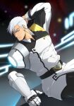  1boy absurdres arm_behind_head bara black_hair black_pants grey_jacket highres jacket kuroshinki large_pectorals male_focus mechanical_arms muscular muscular_male pants pectorals short_hair single_mechanical_arm solo takashi_shirogane voltron:_legendary_defender voltron_(series) white_hair 