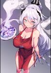  +_+ 1girl 3: ahoge apron bad_food bangs blue_eyes blush breasts chinese_commentary cleavage closed_mouth commentary_request grey_background highres honkai_(series) honkai_impact_3rd kiana_kaslana kiana_kaslana_(herrscher_of_flamescion) large_breasts long_hair looking_away naked_apron pillarboxed plate ponytail simple_background solo spatula standing sweat symbol-shaped_pupils very_long_hair white_hair wu-qiao 