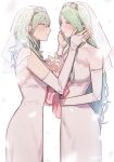  2girls bangs bare_shoulders blush breasts bridal_gauntlets bridal_veil byleth_(fire_emblem) byleth_(fire_emblem)_(female) closed_mouth commentary_request dress enlightened_byleth_(female) eye_contact fire_emblem fire_emblem:_three_houses flower from_side green_eyes hair_between_eyes happy_tears highres holding ikarin long_hair looking_at_another multiple_girls parted_lips petals pointy_ears profile rhea_(fire_emblem) signature simple_background strapless strapless_dress tears veil very_long_hair wedding wedding_dress white_background white_dress white_flower wife_and_wife yuri 