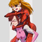  2girls blue_hairband bodysuit eyepatch glasses hairband makinami_mari_illustrious maya_sawamura_anderson multiple_girls neon_genesis_evangelion open_mouth orange_hair pilot_suit pink_bodysuit plugsuit rebuild_of_evangelion red_bodysuit souryuu_asuka_langley teeth 