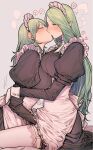  2girls alternate_costume apron black_dress blush breasts byleth_(fire_emblem) byleth_(fire_emblem)_(female) closed_eyes commentary_request dress enmaided fire_emblem fire_emblem:_three_houses frilled_apron frills from_side garter_straps gloves green_hair grey_background hand_under_clothes heart highres ikarin implied_fingering kiss large_breasts long_hair long_sleeves maid maid_headdress multiple_girls pointy_ears profile rhea_(fire_emblem) simple_background sitting spoken_heart sweat thighhighs very_long_hair white_apron white_gloves white_thighhighs wrist_cuffs yuri 