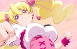  1girl blonde_hair breasts covered_nipples cure_peach fresh_precure! fuchi_(nightmare) hair_between_eyes hair_ornament heart heart_hair_ornament large_breasts long_hair looking_at_viewer magical_girl momozono_love pink_eyes precure solo twintails upper_body wrist_cuffs 