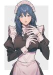  1girl adjusting_clothes adjusting_gloves apron bangs blue_eyes blue_hair breasts byleth_(fire_emblem) byleth_(fire_emblem)_(female) fire_emblem fire_emblem:_three_houses gloves hair_between_eyes highres ikarin large_breasts looking_at_viewer maid maid_apron maid_headdress medium_hair nervous official_alternate_costume open_mouth simple_background solo white_gloves 