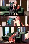  3d_(artwork) ambiguous_gender anthro bodily_fluids breasts canid canine clothed clothing comic cunnilingus dialogue digital_media_(artwork) duo english_text fellatio female fox furniture genitals head_in_crotch hi_res humanoid_genitalia humanoid_pussy kissing kneeling kneeling_oral_position livingroom mammal mouse murid murine mynka nipples nude oral penile pussy raelynn_(mynka) rodent romantic romantic_couple romantic_sex saliva sex sitting sofa text tongue vaginal 