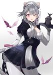  1girl absurdres animal_ears arknights breasts cat_ears cat_tail cleavage cleavage_cutout clothing_cutout earrings gloves gradient gradient_background grey_hair highres jewelry kazemaru_(arknights) kazemaru_(like_illusion)_(arknights) maid_headdress okome_(okome) one_eye_closed origami purple_eyes tail tongue tongue_out tray white_gloves 
