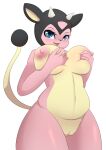  2022 absurd_res anthro big_breasts bovid bovine breasts digital_media_(artwork) female generation_2_pokemon genitals hi_res holding_breast horn looking_at_viewer mammal miltank nintendo nipples nude open_mouth pilu_(artist) pink_body pokemon pokemon_(species) pokemorph pussy simple_background smile solo standing tan_body video_games white_background 